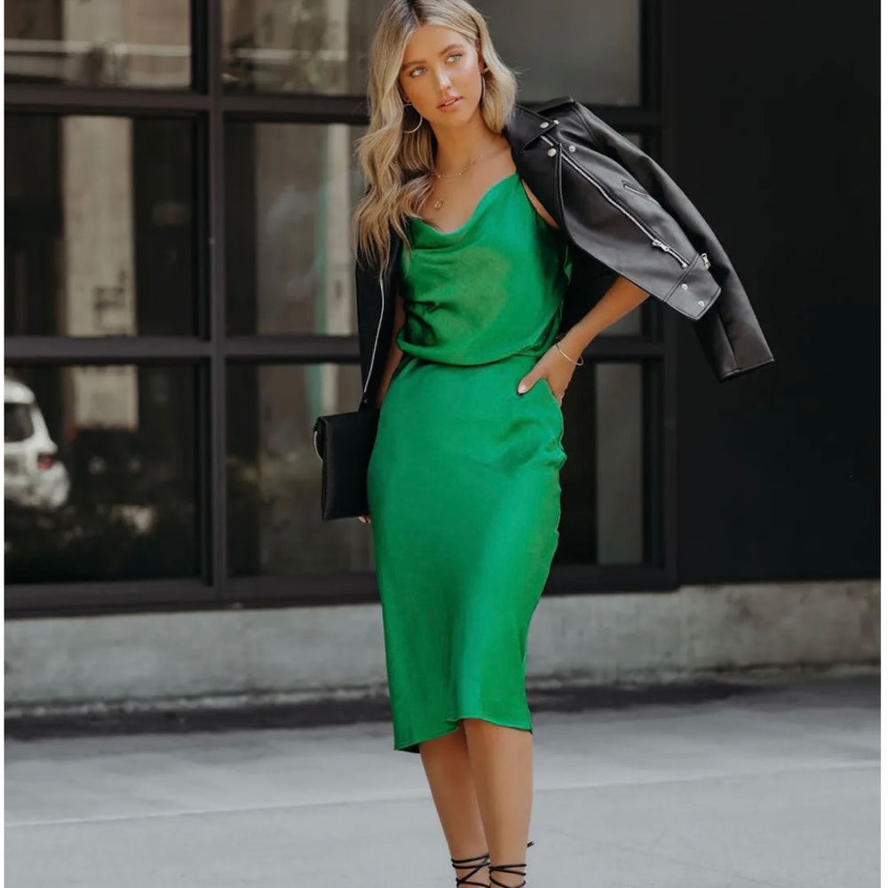 Skies are Blue Satin MIDI Skirt and Spaghetti Strap Tank-Olive Green